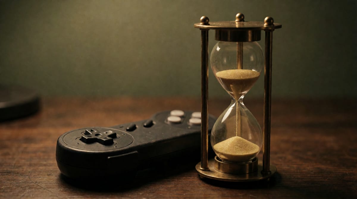 A vintage brass hourglass next to a worn game controller on a wooden desk